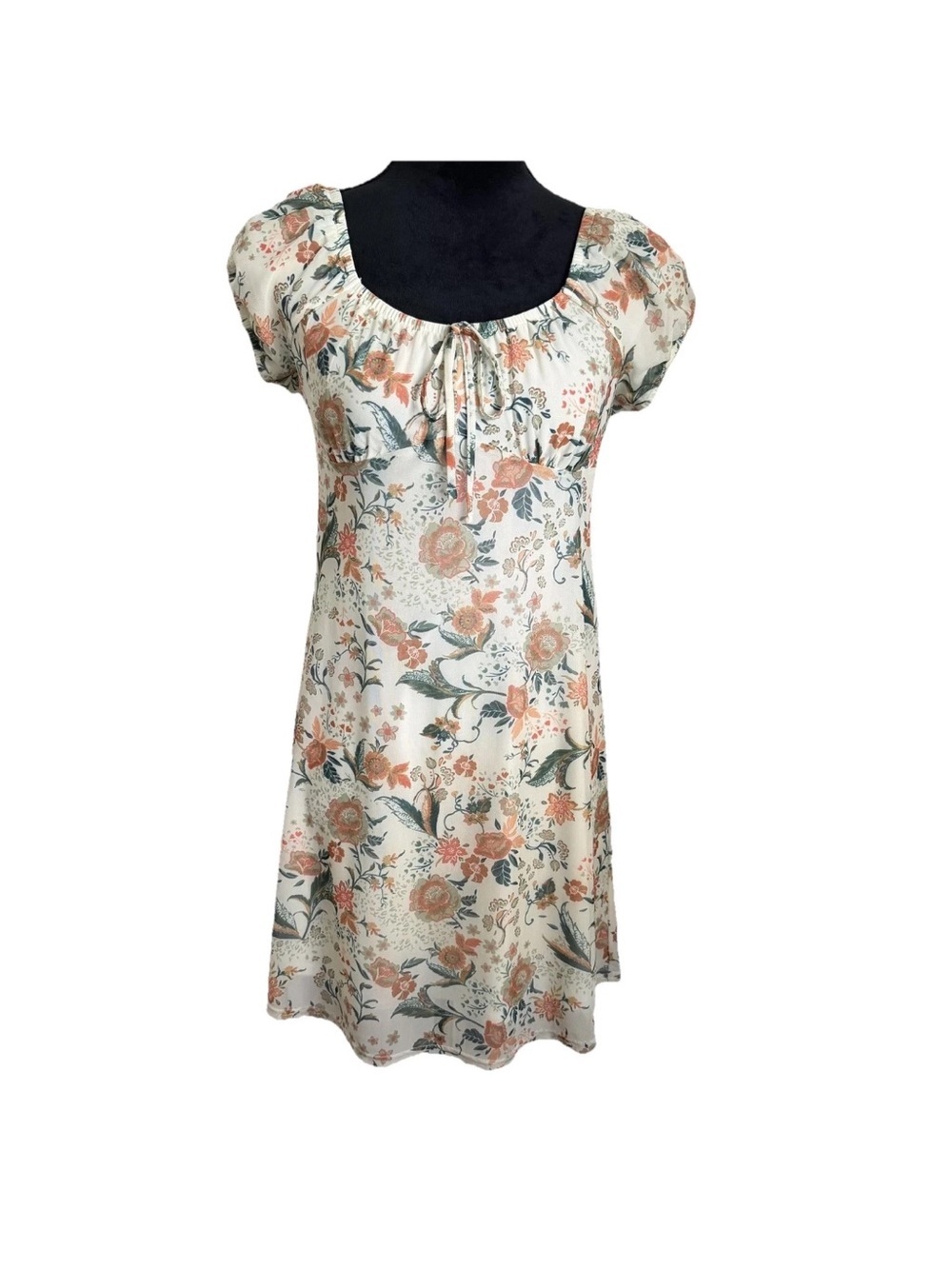 SO Dress Juniors M Floral Mesh Puff Sleeve Short Babydoll Sundress Boho Cottage